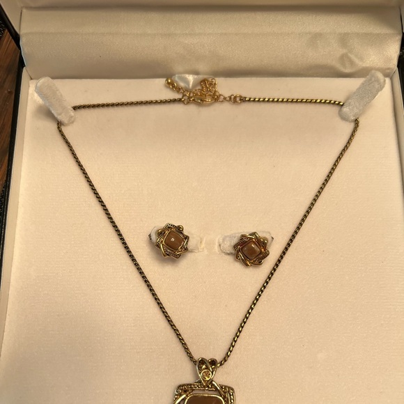 Gold and Brown (tigers eye?) Necklace/Earring set - Picture 1 of 5